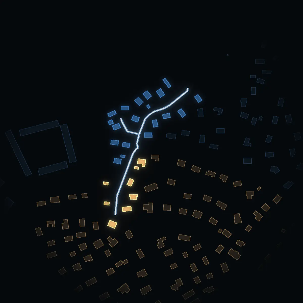 The street at night: Tellusvägen drawn in white, its buildings lit in the colour of their area’s income