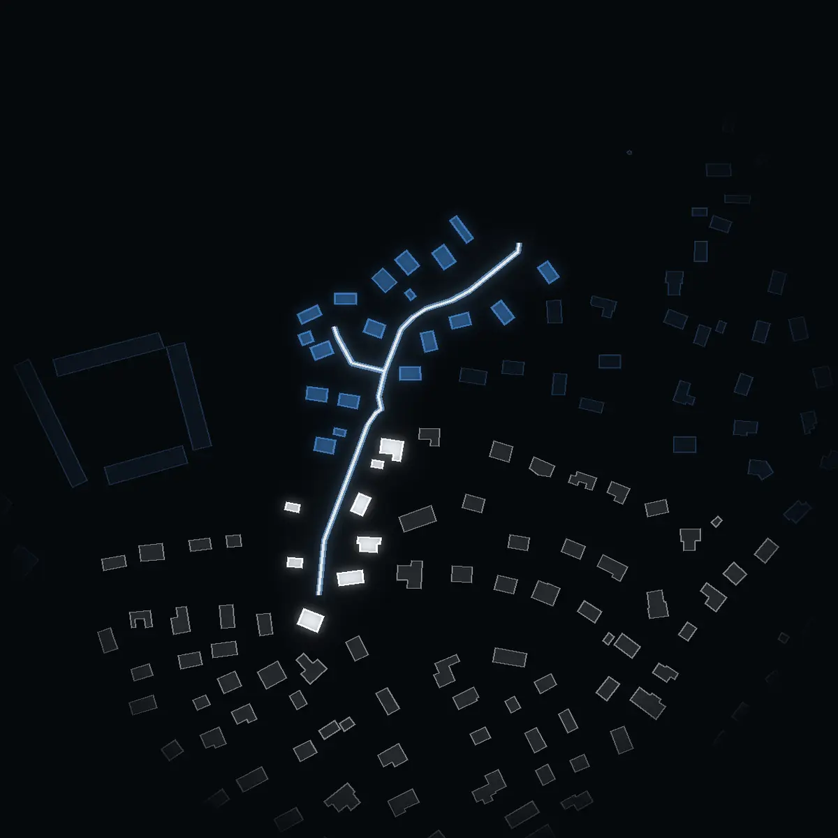 The street at night: Tellusvägen drawn in white, its buildings lit in the colour of their area’s income