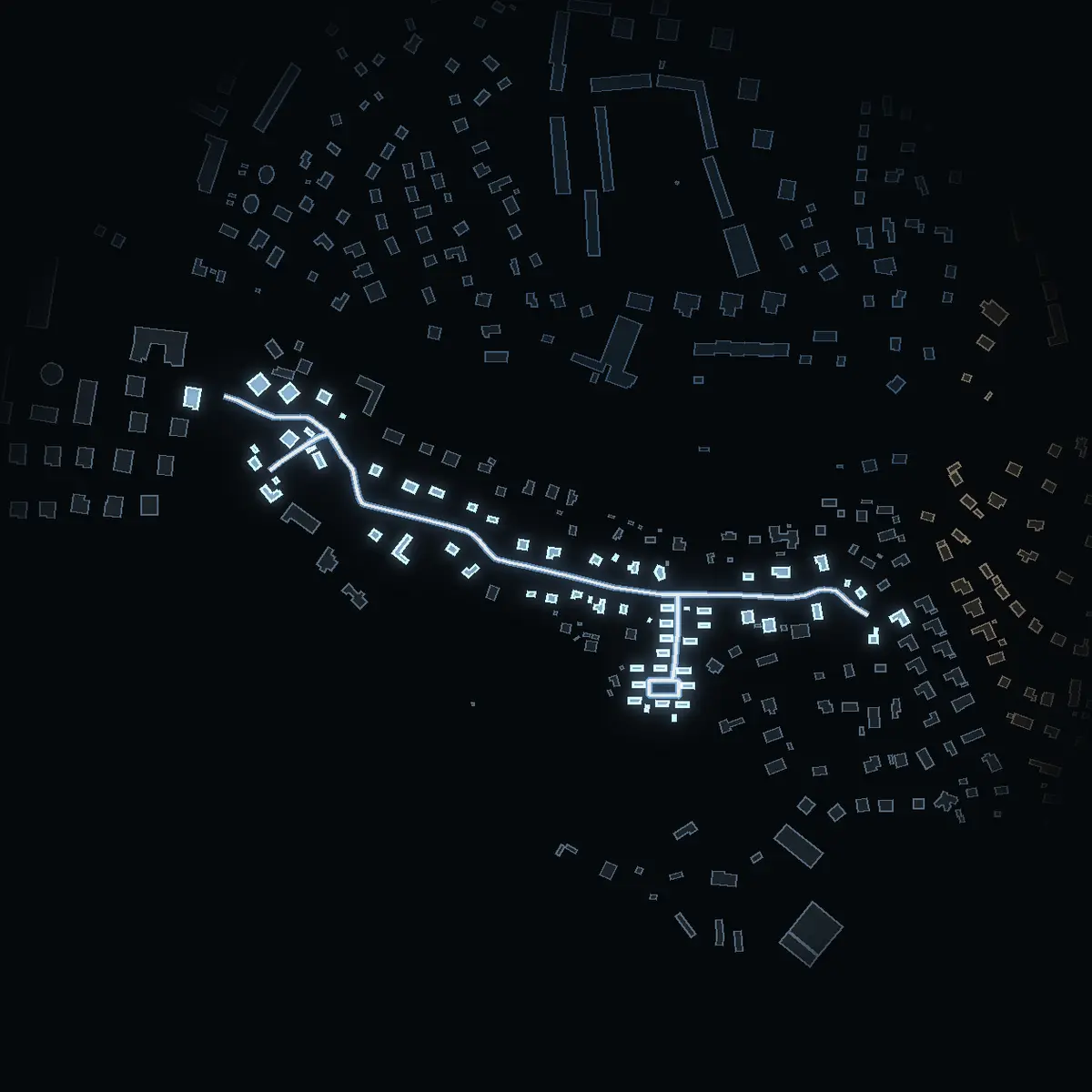 The street at night: Törnrosvägen drawn in white, its buildings lit in the colour of their area’s income