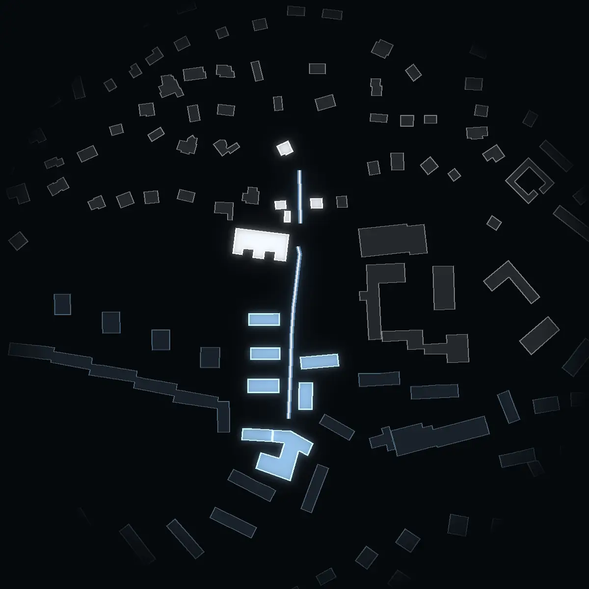 The street at night: Torshammarvägen drawn in white, its buildings lit in the colour of their area’s income