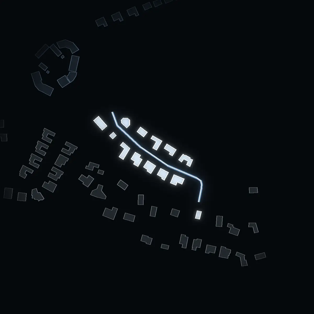 The street at night: Törvedsvägen drawn in white, its buildings lit in the colour of their area’s income