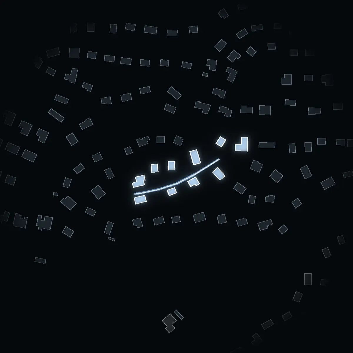 The street at night: Ugglebostigen drawn in white, its buildings lit in the colour of their area’s income