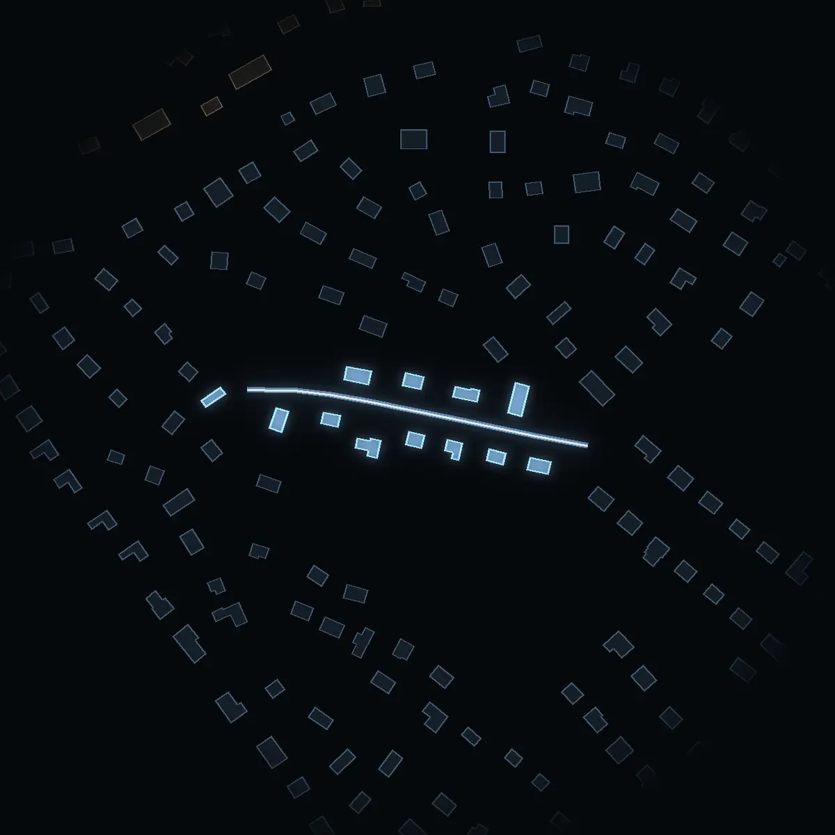 The street at night: Ugglevägen drawn in white, its buildings lit in the colour of their area’s income