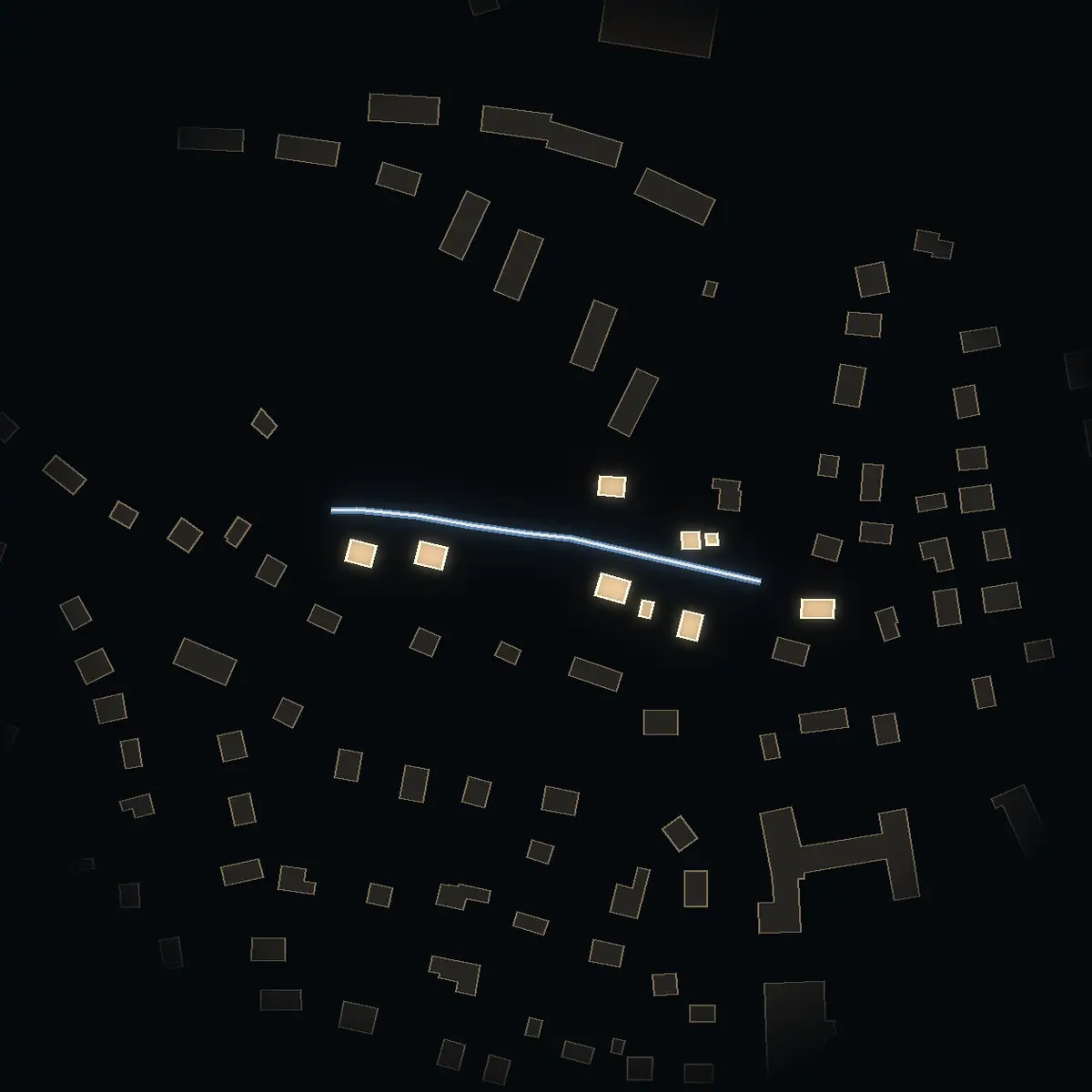 The street at night: Vallvägen drawn in white, its buildings lit in the colour of their area’s income