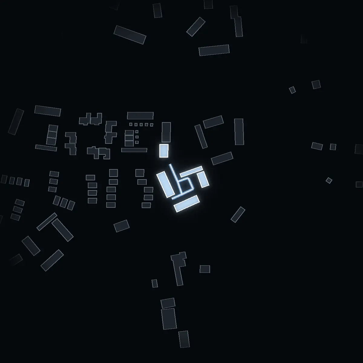 The street at night: Videtunet drawn in white, its buildings lit in the colour of their area’s income