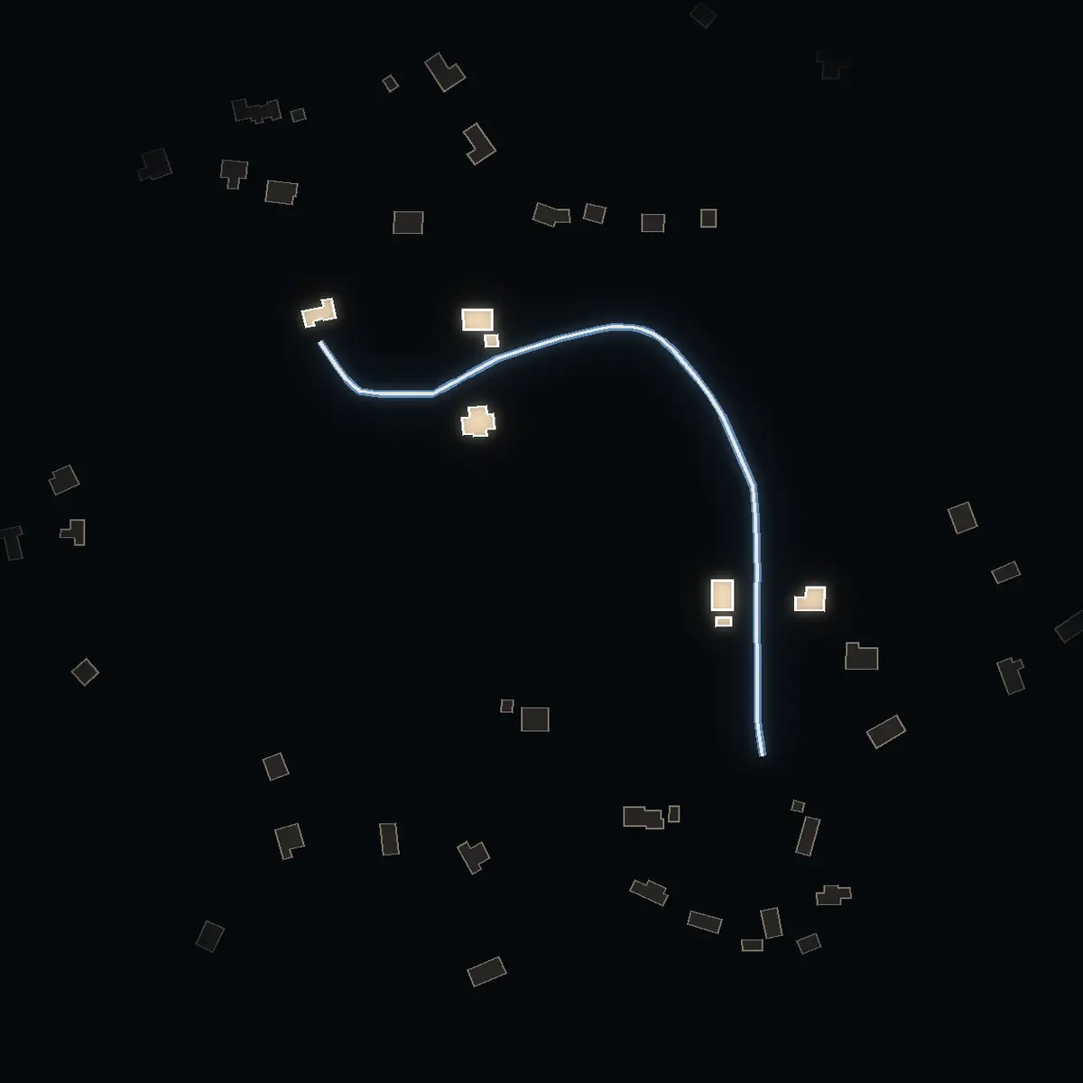The street at night: Älgöbranten drawn in white, its buildings lit in the colour of their area’s income