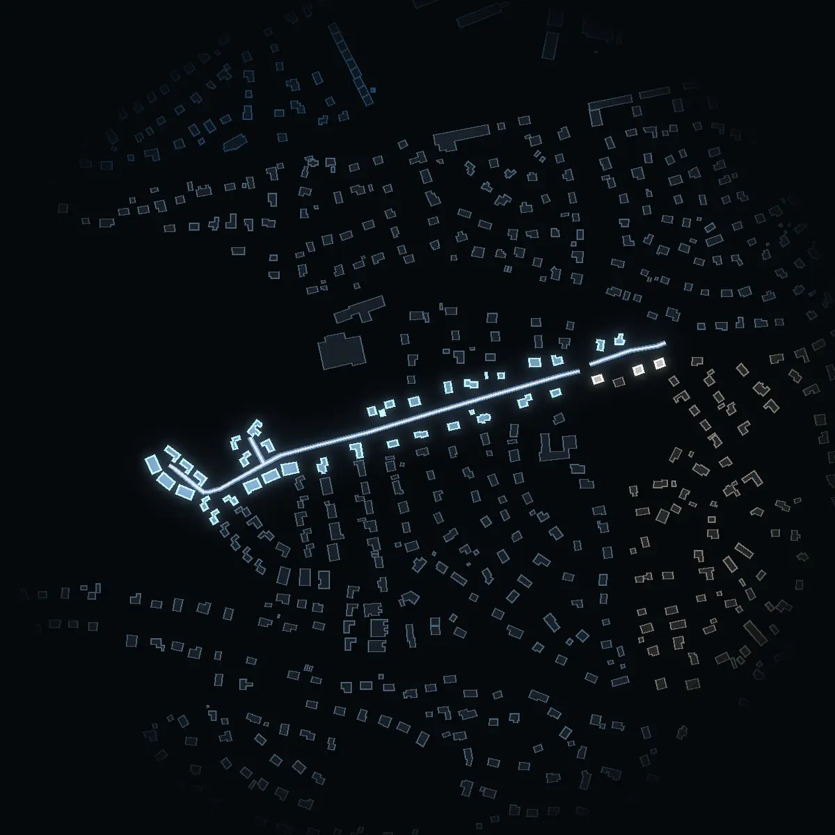 The street at night: Älgvägen drawn in white, its buildings lit in the colour of their area’s income