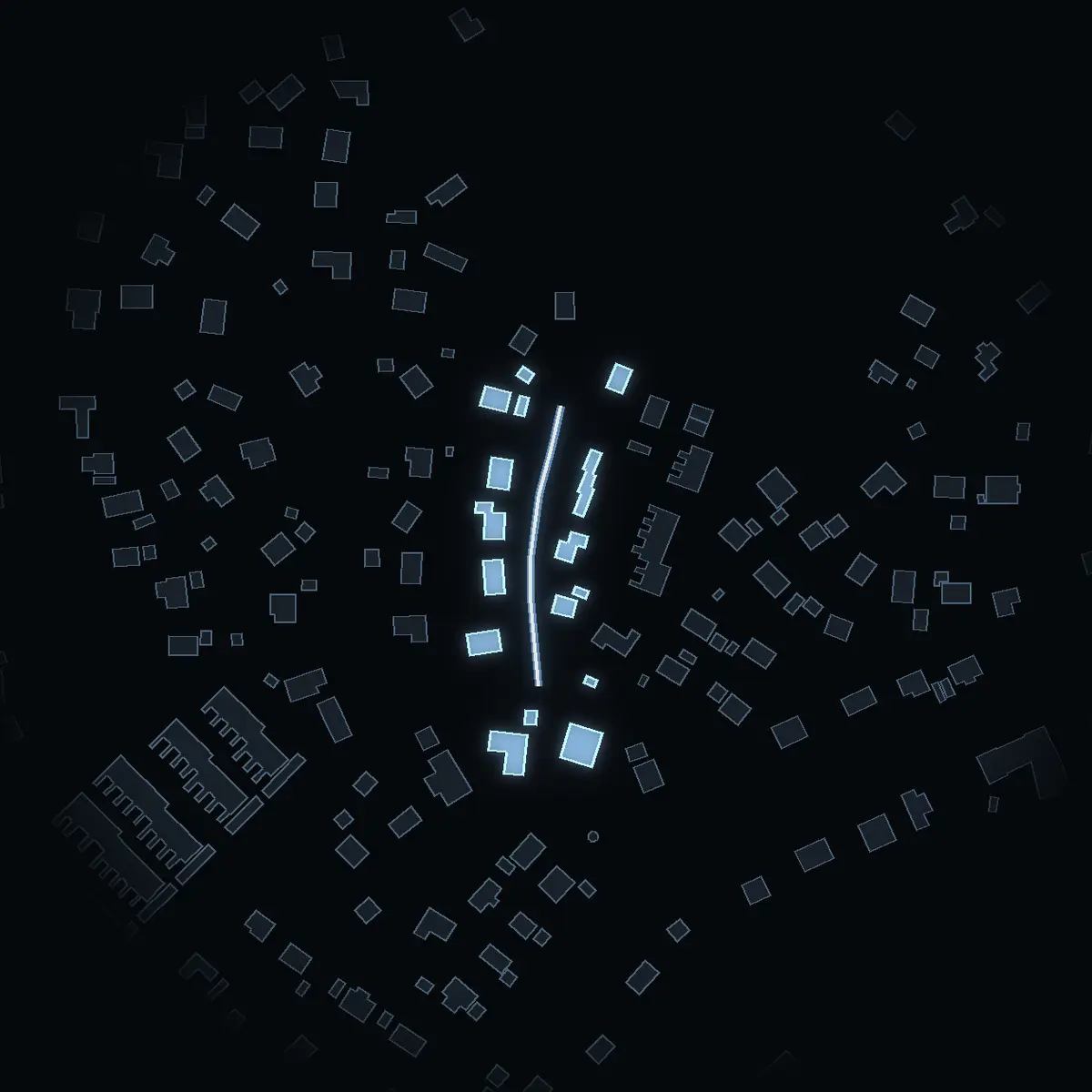 The street at night: Alpstigen drawn in white, its buildings lit in the colour of their area’s income