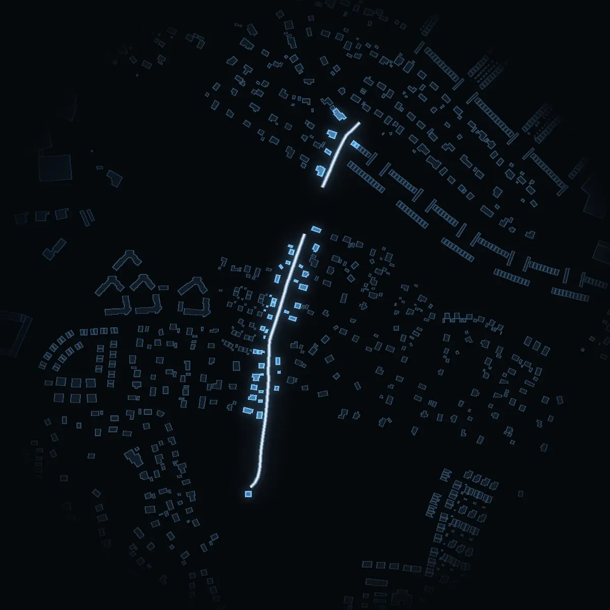 Gatan nattetid: Alpvägen inritad i vitt, husen tända i färgen för områdets inkomst