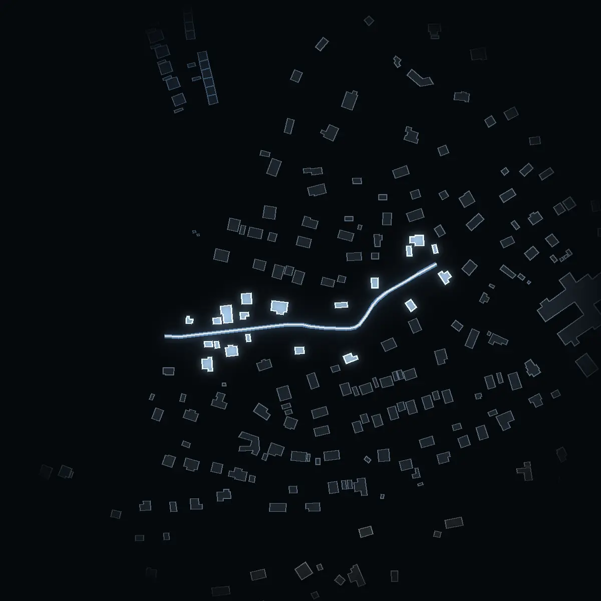 The street at night: Alskogsvägen drawn in white, its buildings lit in the colour of their area’s income