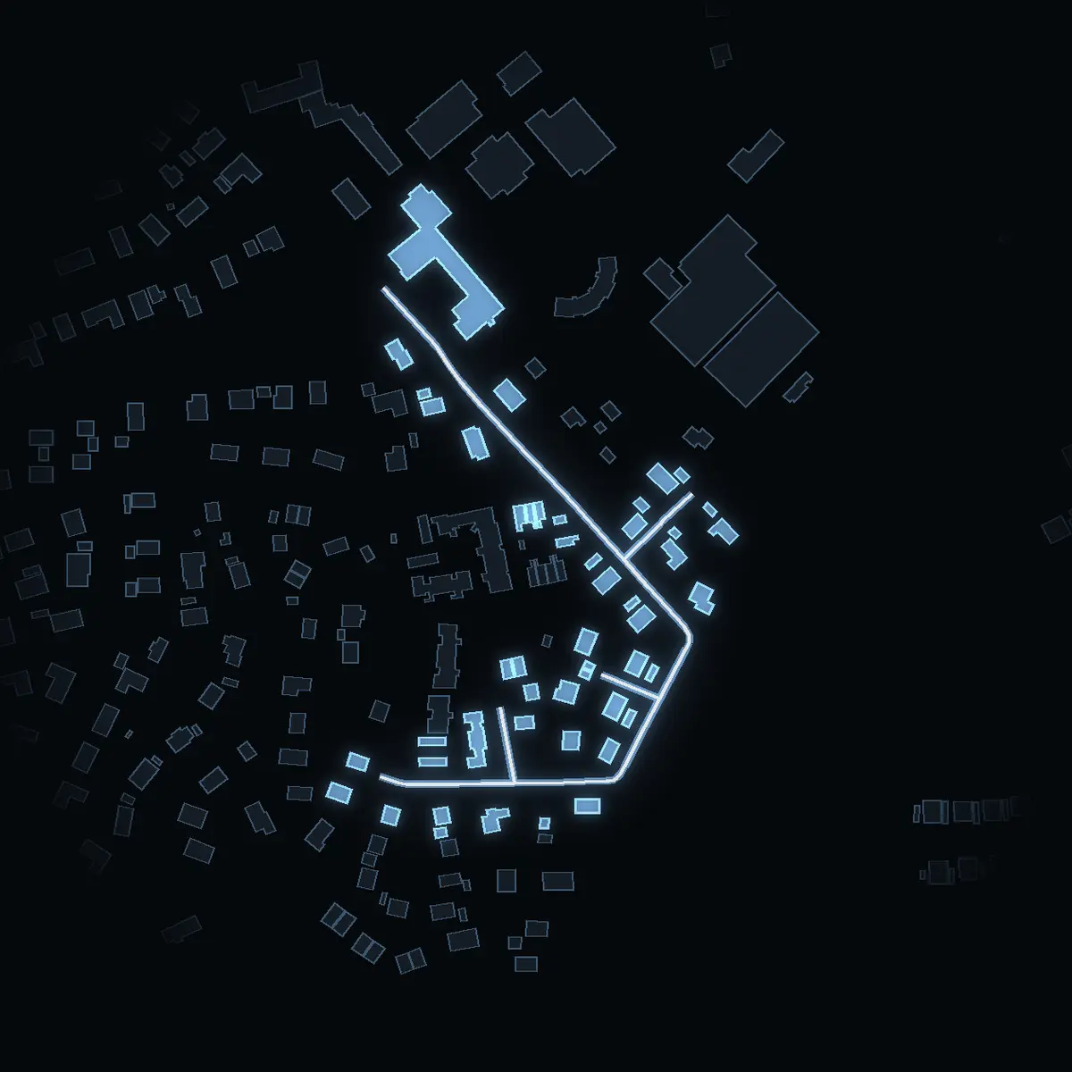 The street at night: Apollovägen drawn in white, its buildings lit in the colour of their area’s income