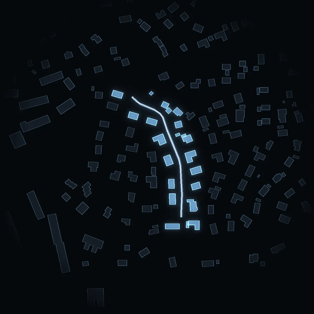 The street at night: Åsavägen drawn in white, its buildings lit in the colour of their area’s income