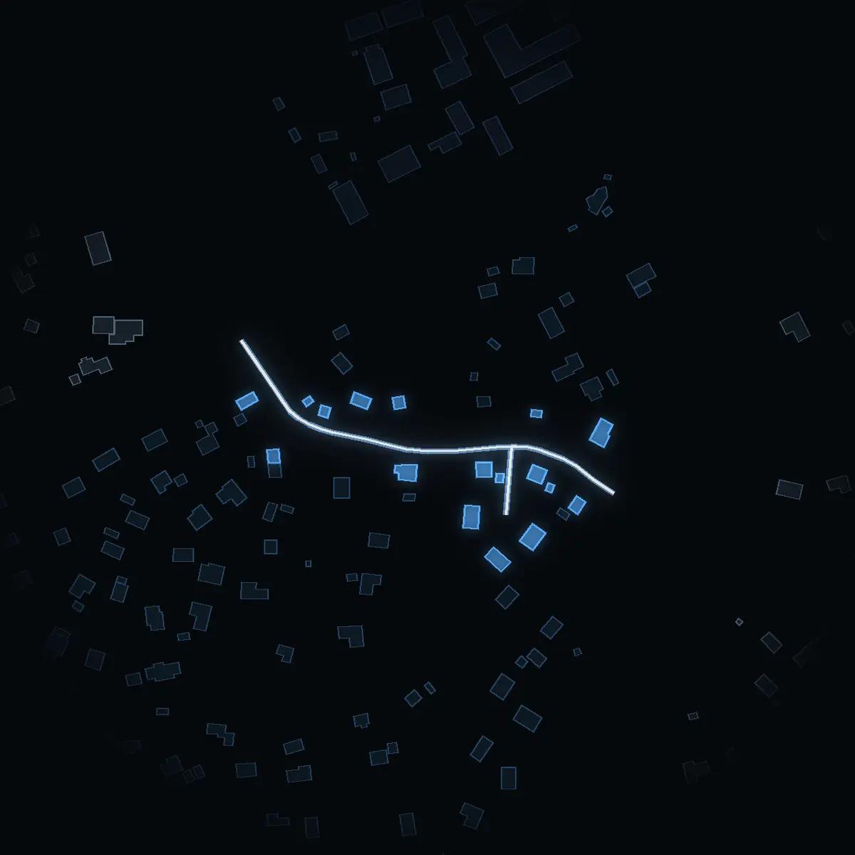 The street at night: Aspvägen drawn in white, its buildings lit in the colour of their area’s income