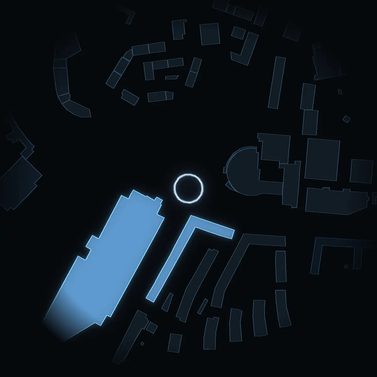 Gatan nattetid: Atlasrondellen inritad i vitt, husen tända i färgen för områdets inkomst