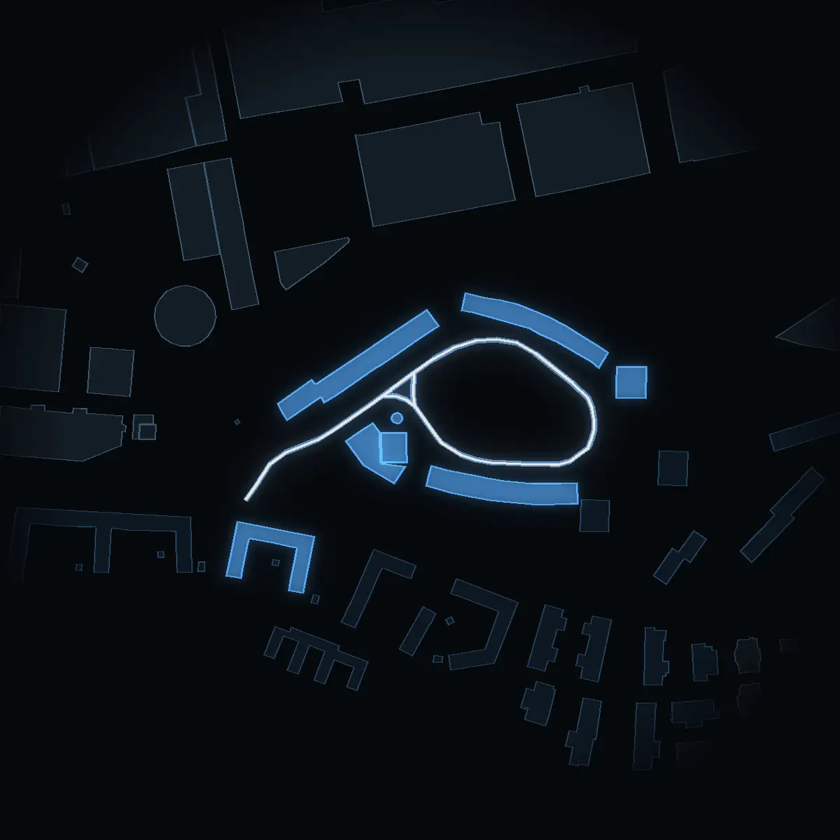 The street at night: Atlasvägen drawn in white, its buildings lit in the colour of their area’s income