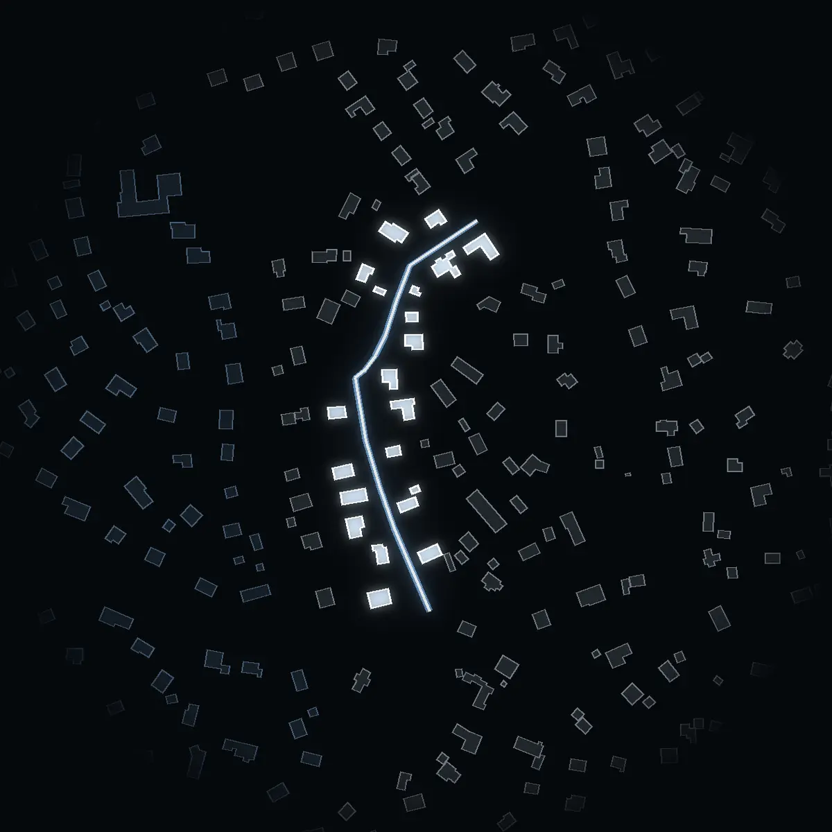 The street at night: Backstugevägen drawn in white, its buildings lit in the colour of their area’s income