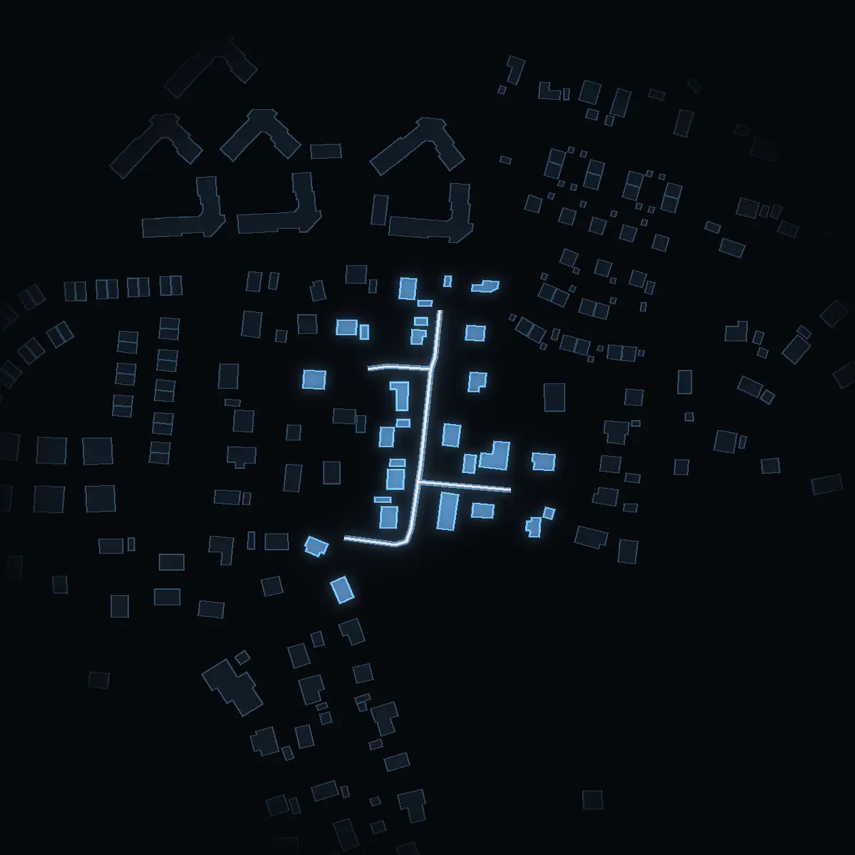 The street at night: Bäckvägen drawn in white, its buildings lit in the colour of their area’s income