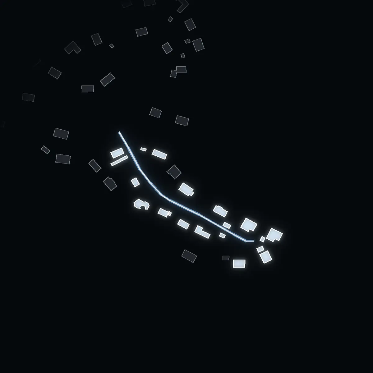 The street at night: Backvägen drawn in white, its buildings lit in the colour of their area’s income