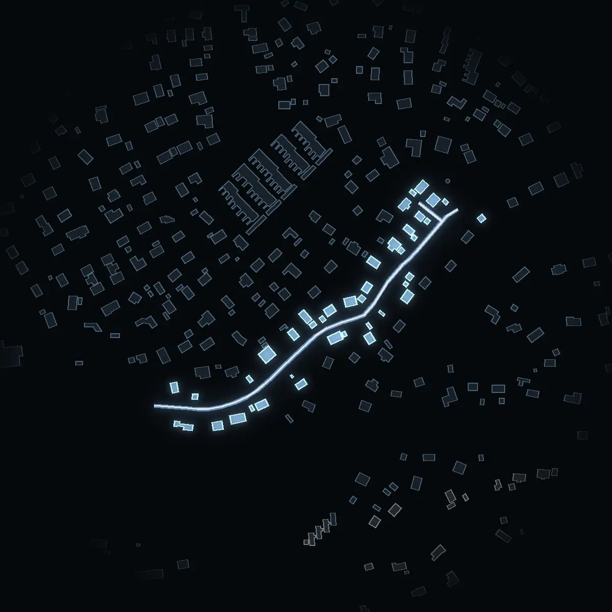 The street at night: Badsjöstigen drawn in white, its buildings lit in the colour of their area’s income