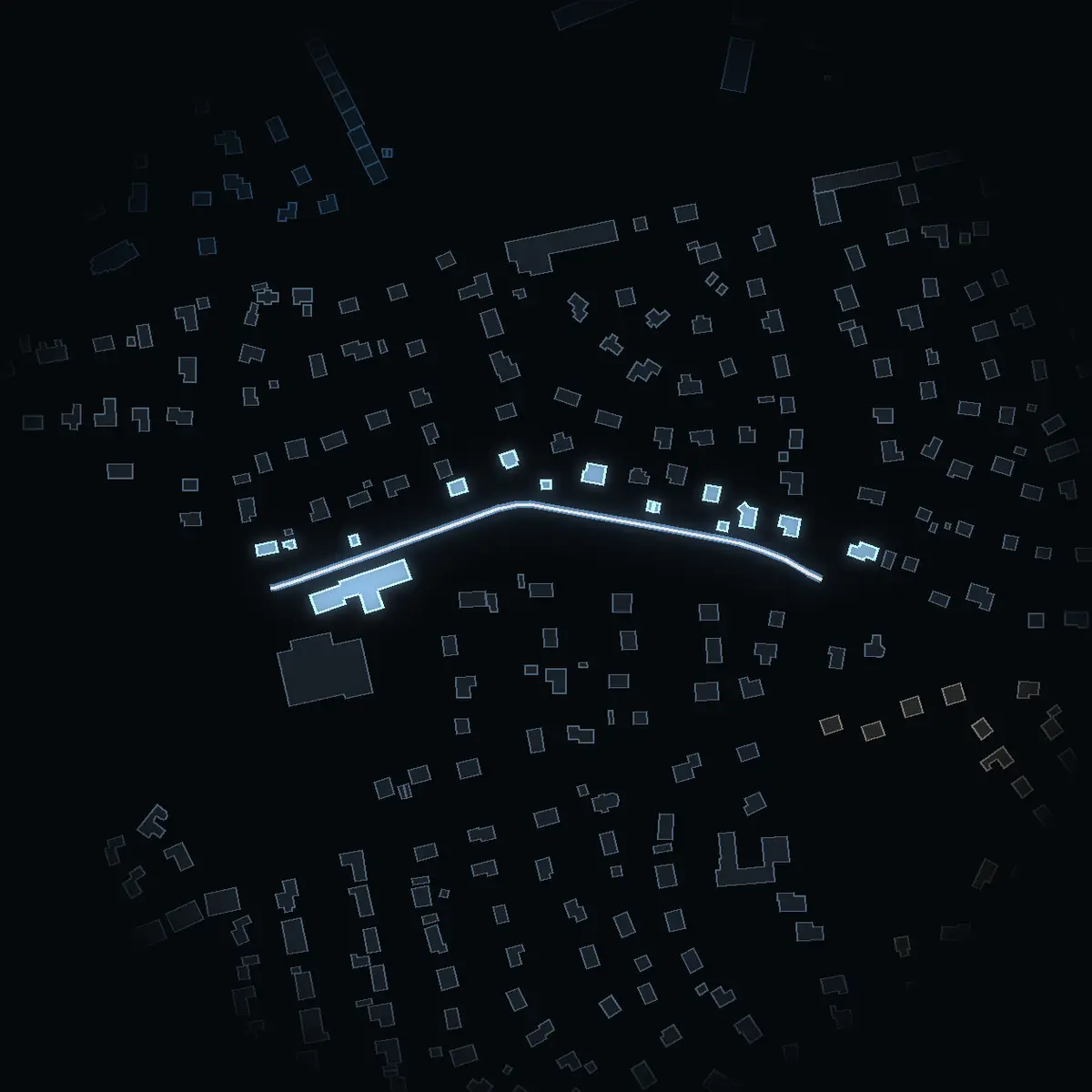 The street at night: Bävervägen drawn in white, its buildings lit in the colour of their area’s income
