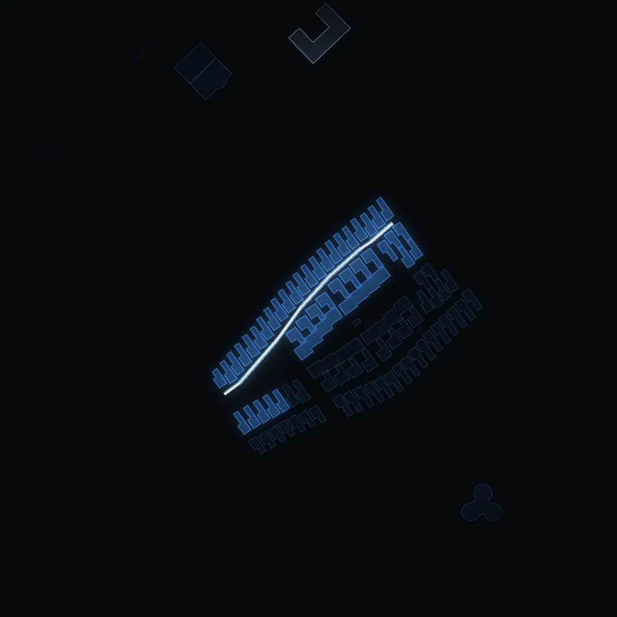 The street at night: Bergandsgatan drawn in white, its buildings lit in the colour of their area’s income