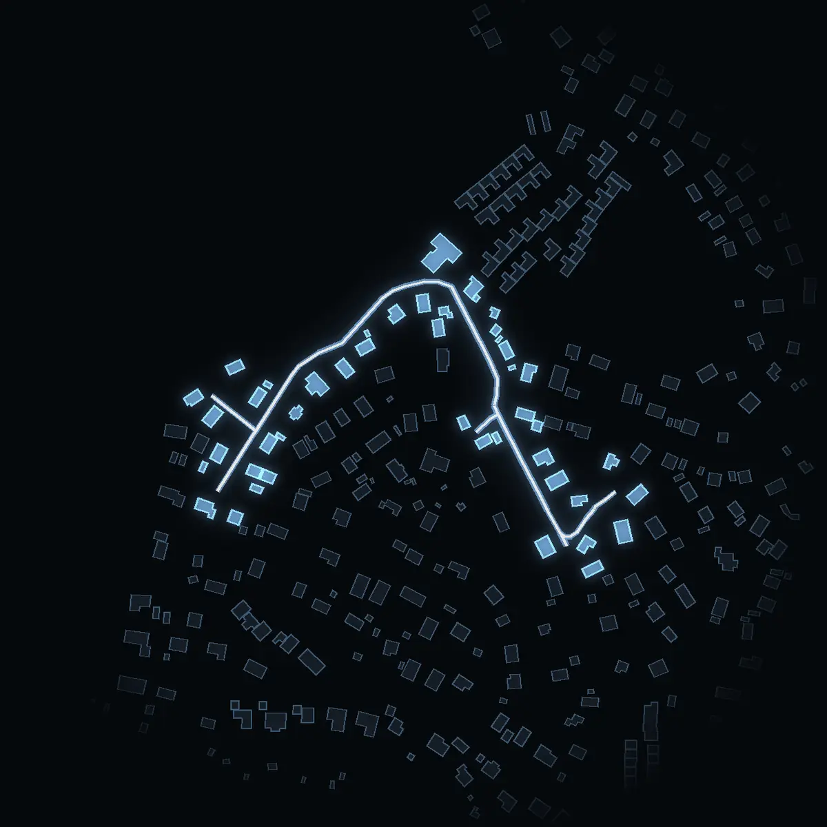 The street at night: Bergstigen drawn in white, its buildings lit in the colour of their area’s income