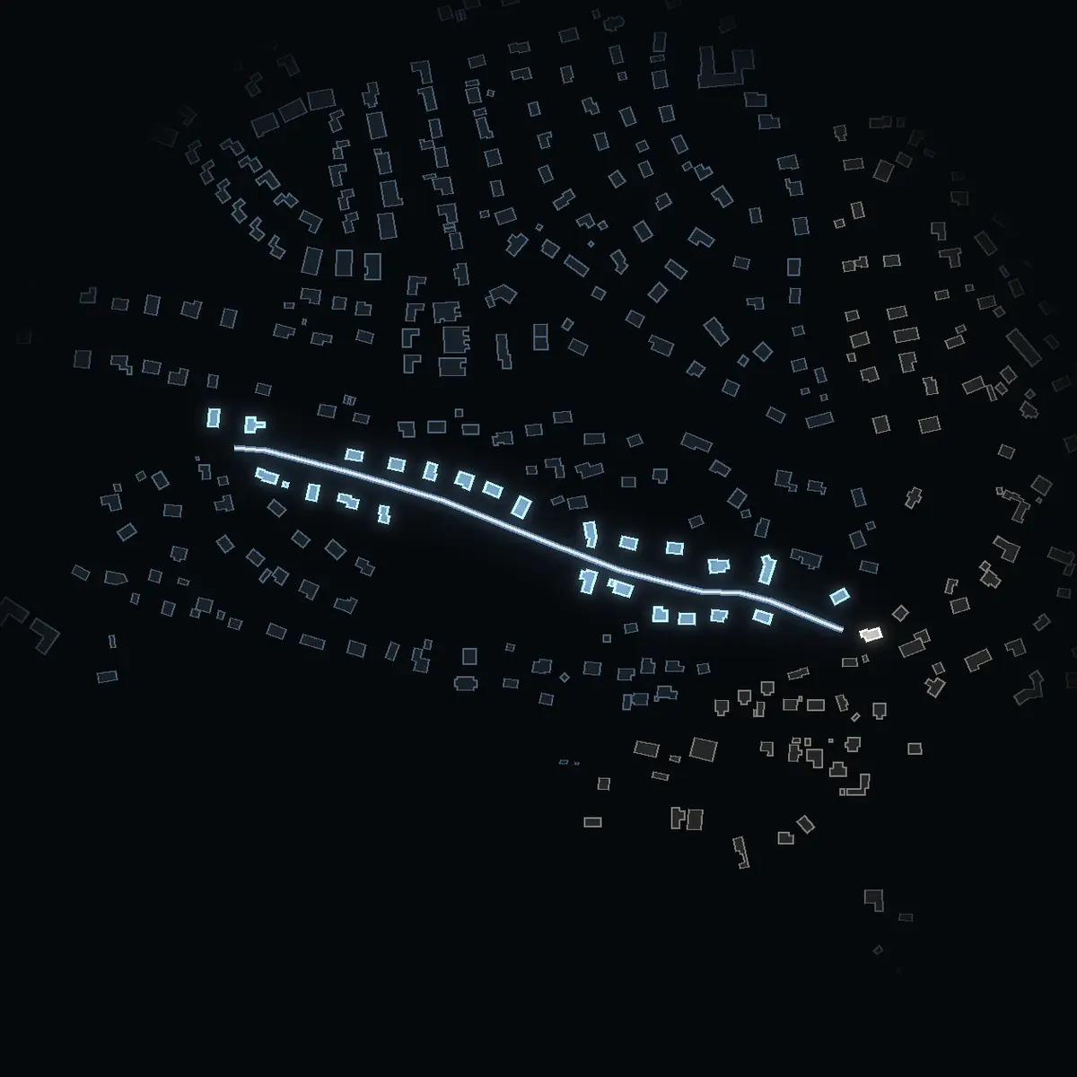 The street at night: Bergvägen drawn in white, its buildings lit in the colour of their area’s income