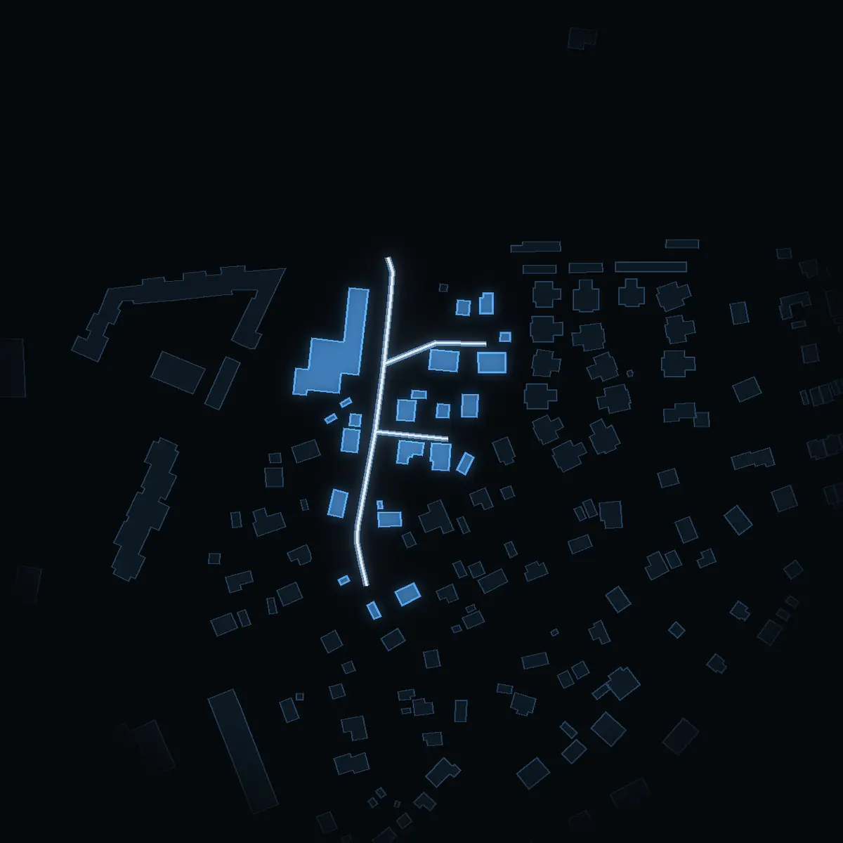 The street at night: Björkhagsvägen drawn in white, its buildings lit in the colour of their area’s income