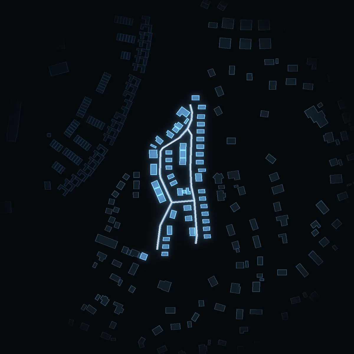 The street at night: Blåbärsslingan drawn in white, its buildings lit in the colour of their area’s income