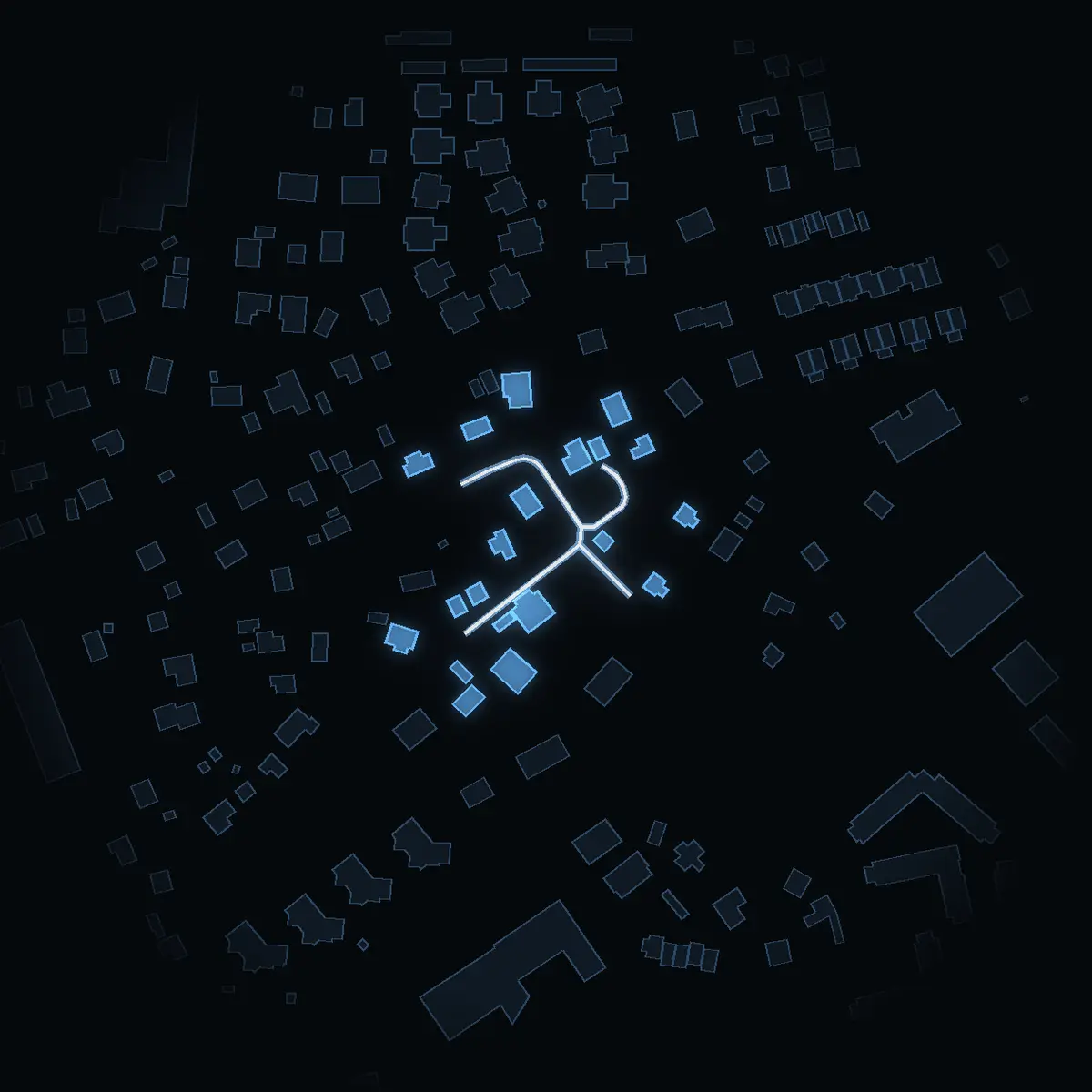 The street at night: Blomdalsvägen drawn in white, its buildings lit in the colour of their area’s income