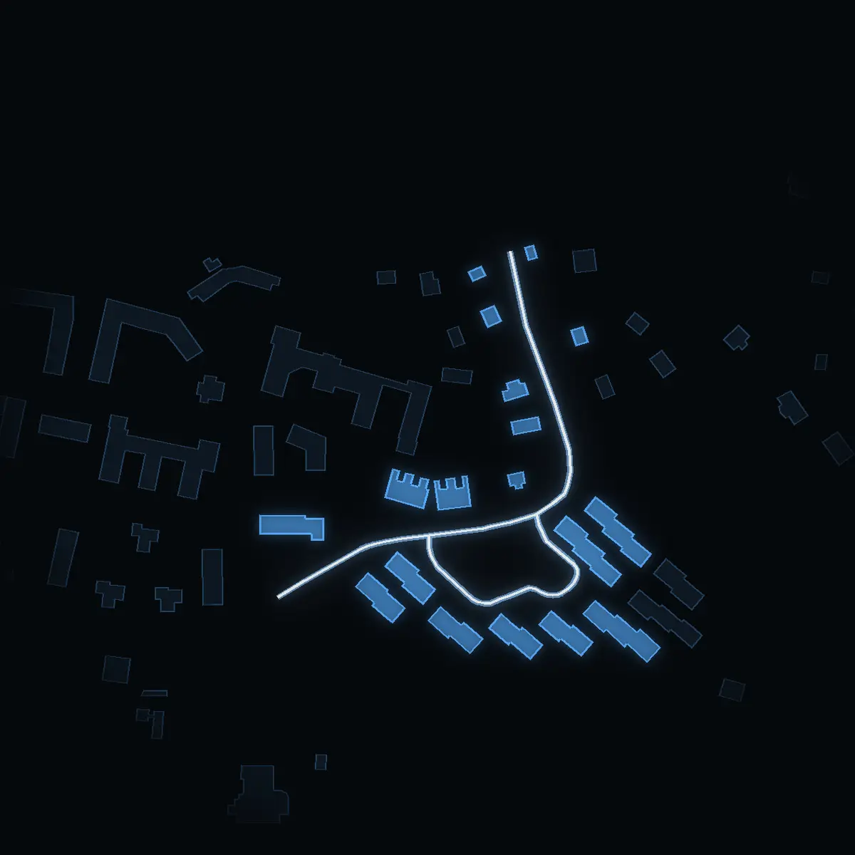 The street at night: Blomstervägen drawn in white, its buildings lit in the colour of their area’s income