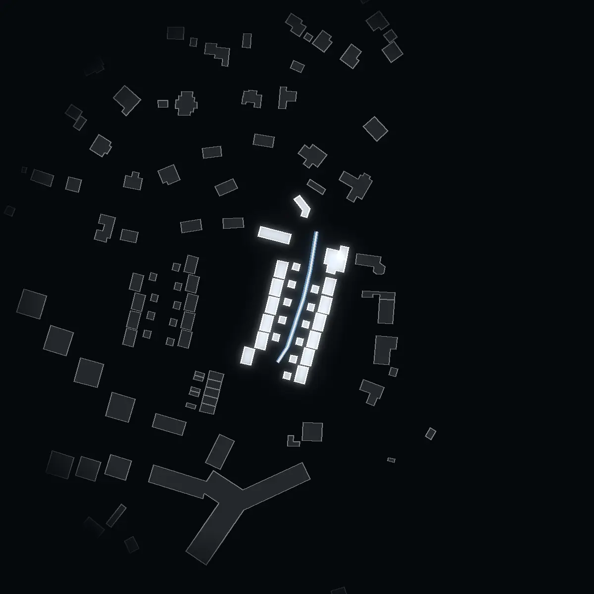 The street at night: Bokvägen drawn in white, its buildings lit in the colour of their area’s income