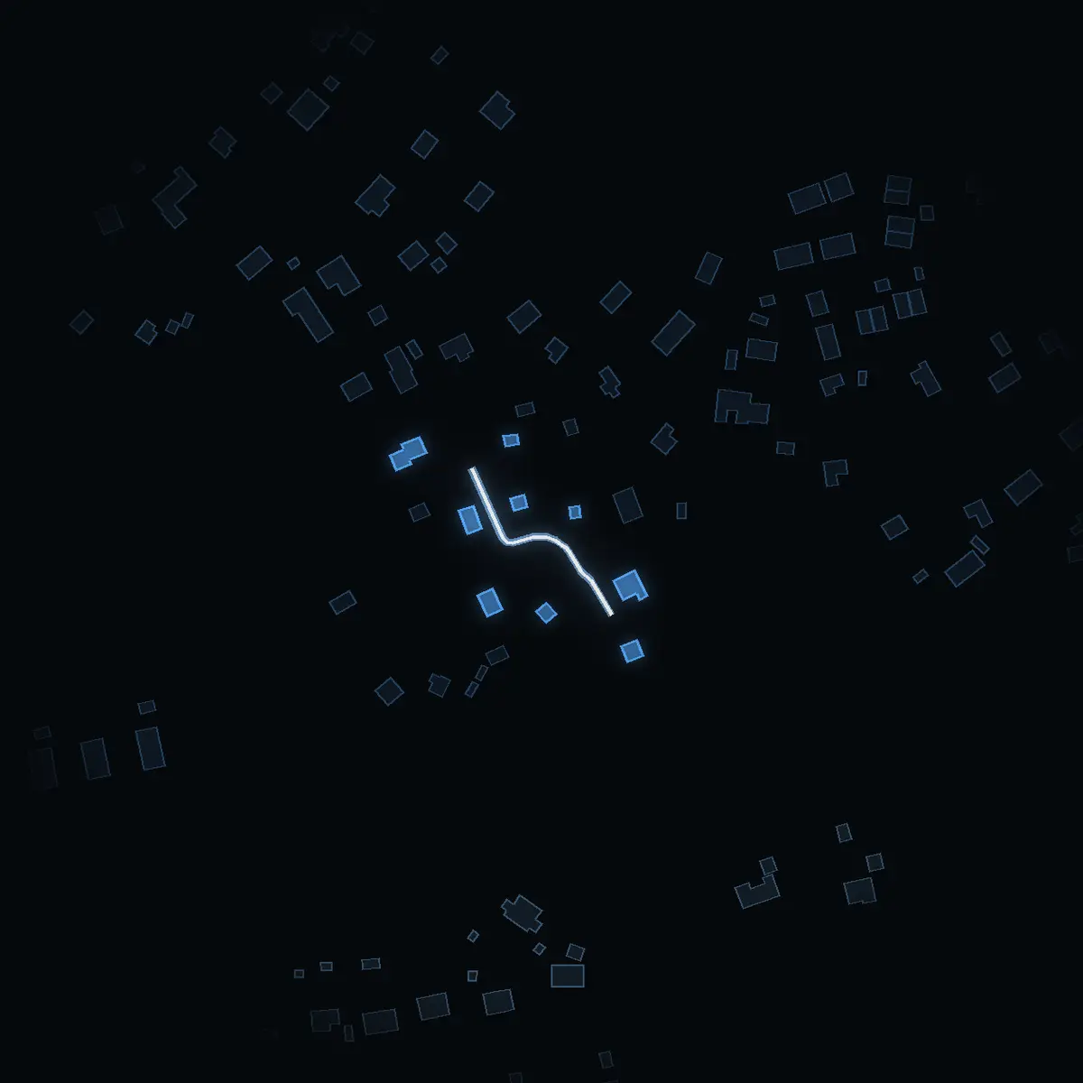 The street at night: Bordtennisvägen drawn in white, its buildings lit in the colour of their area’s income