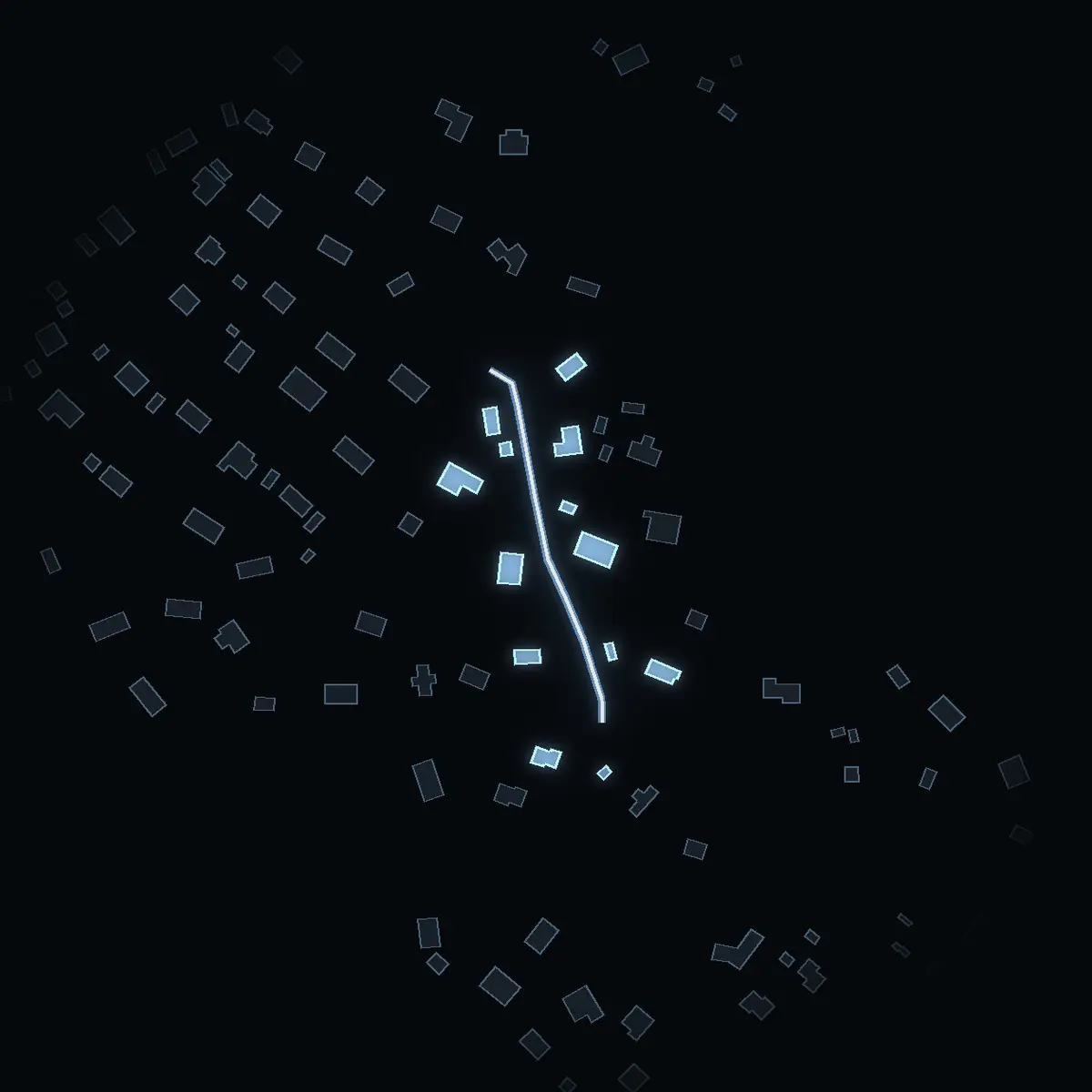 The street at night: Brantbacken drawn in white, its buildings lit in the colour of their area’s income