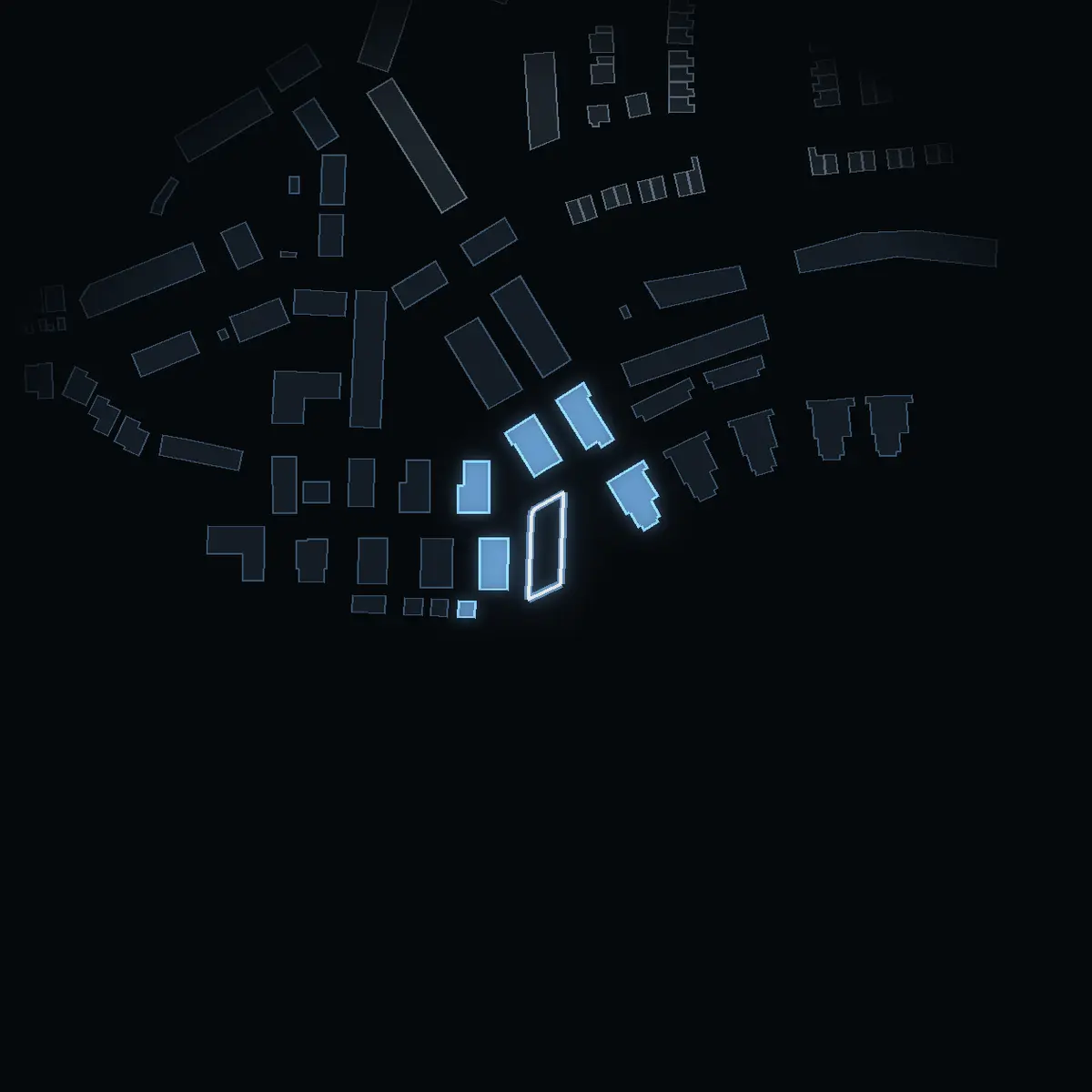 The street at night: Brukstorget drawn in white, its buildings lit in the colour of their area’s income