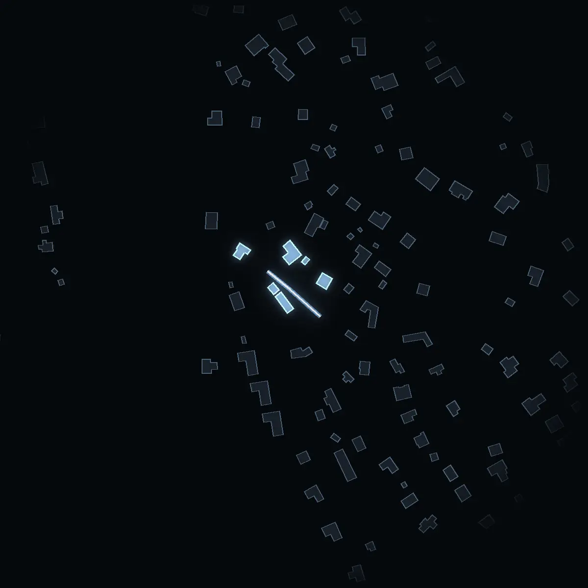 The street at night: Bryggvägen drawn in white, its buildings lit in the colour of their area’s income