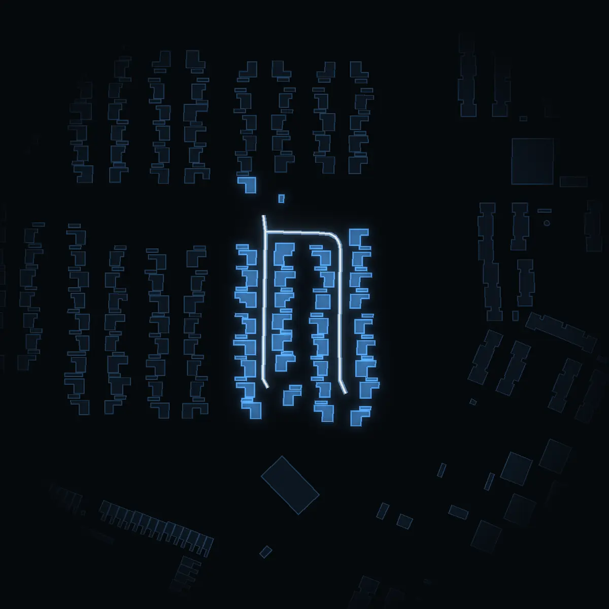 The street at night: Bunsövägen drawn in white, its buildings lit in the colour of their area’s income