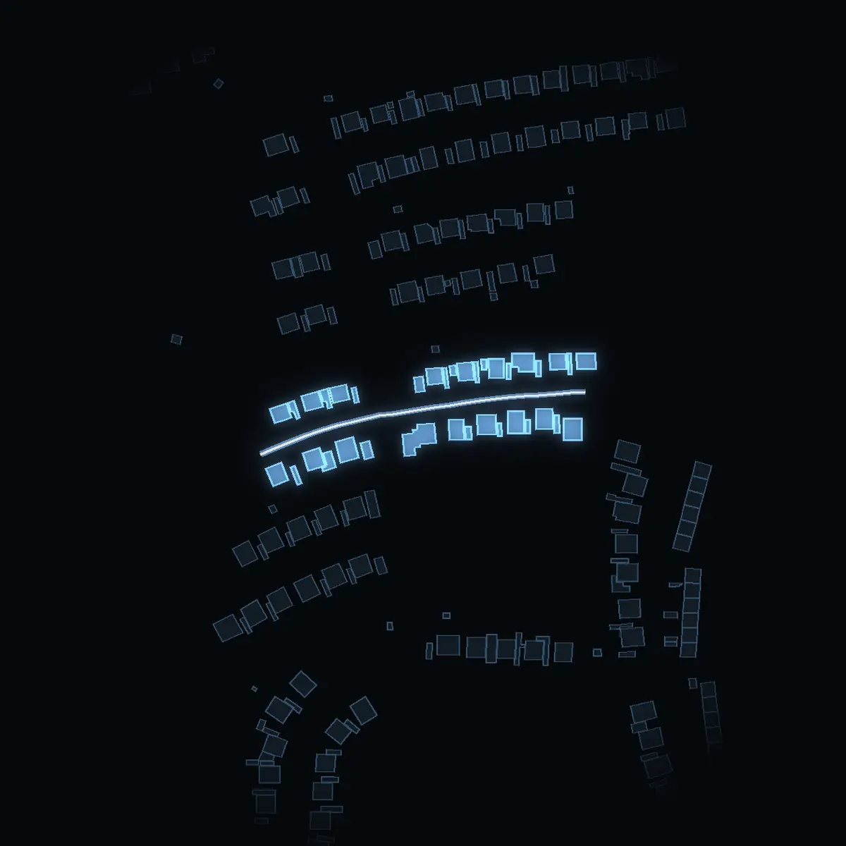 The street at night: Champinjonvägen drawn in white, its buildings lit in the colour of their area’s income