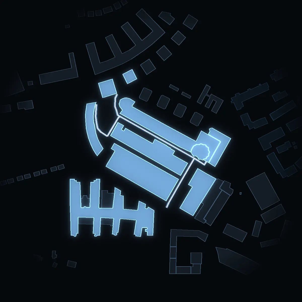 The street at night: Cylindervägen drawn in white, its buildings lit in the colour of their area’s income
