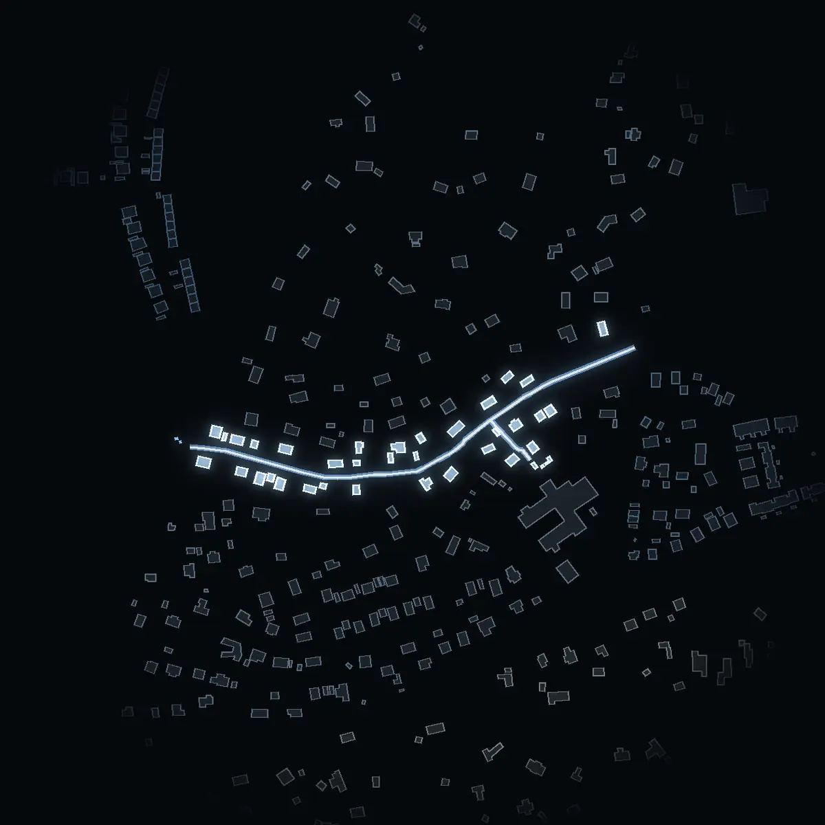 The street at night: Dalen drawn in white, its buildings lit in the colour of their area’s income