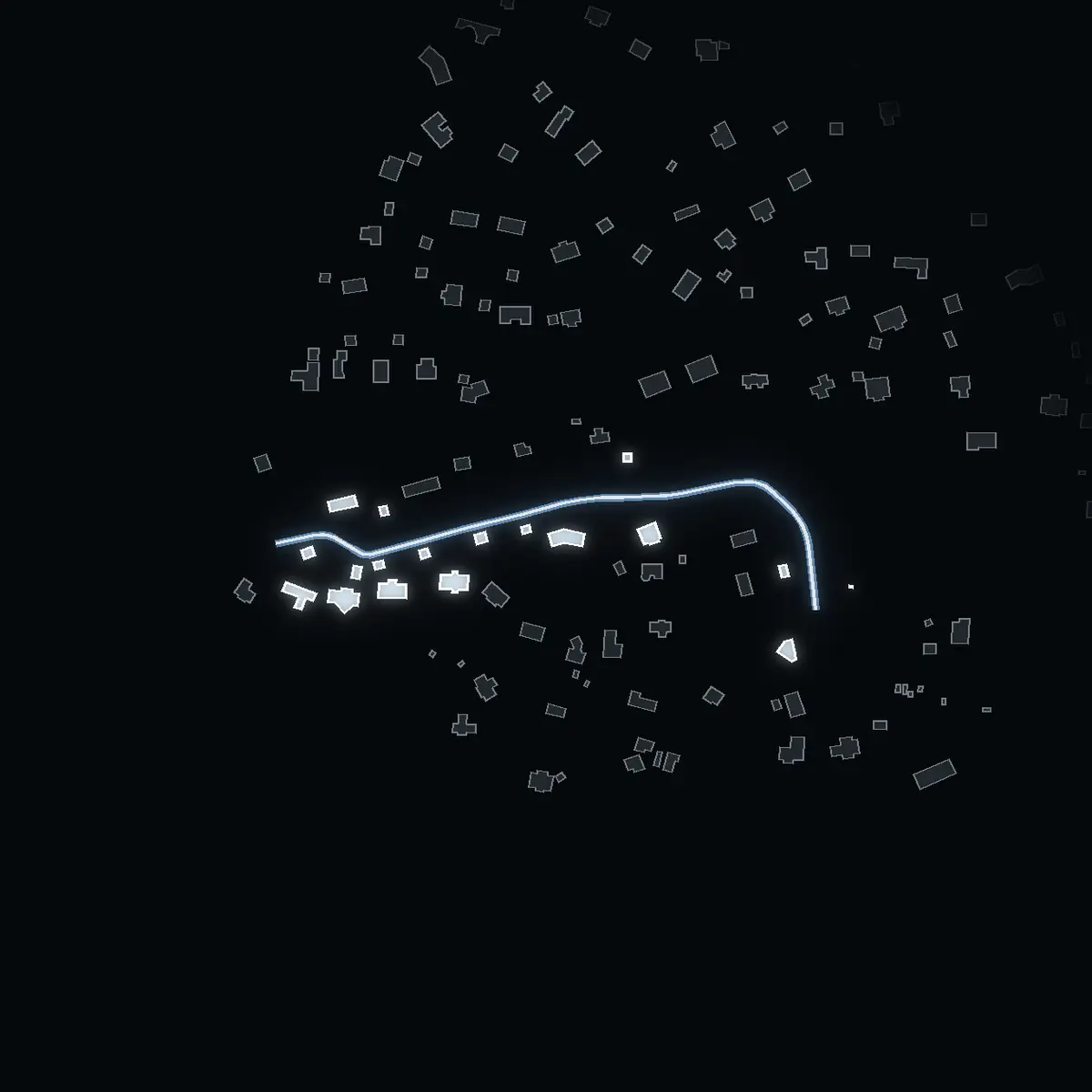 The street at night: Doktorsstigen drawn in white, its buildings lit in the colour of their area’s income