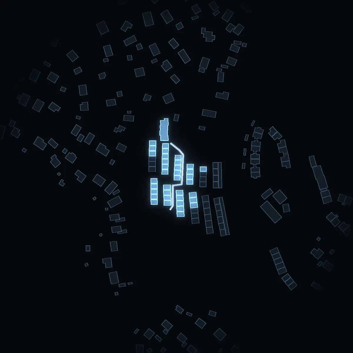 The street at night: Doragatan drawn in white, its buildings lit in the colour of their area’s income