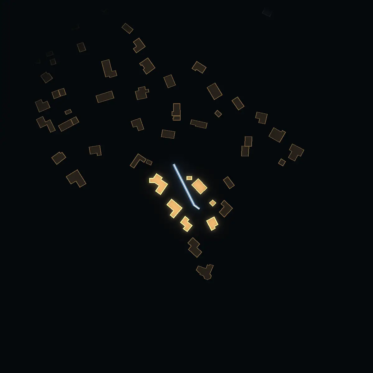 The street at night: Dragarstigen drawn in white, its buildings lit in the colour of their area’s income