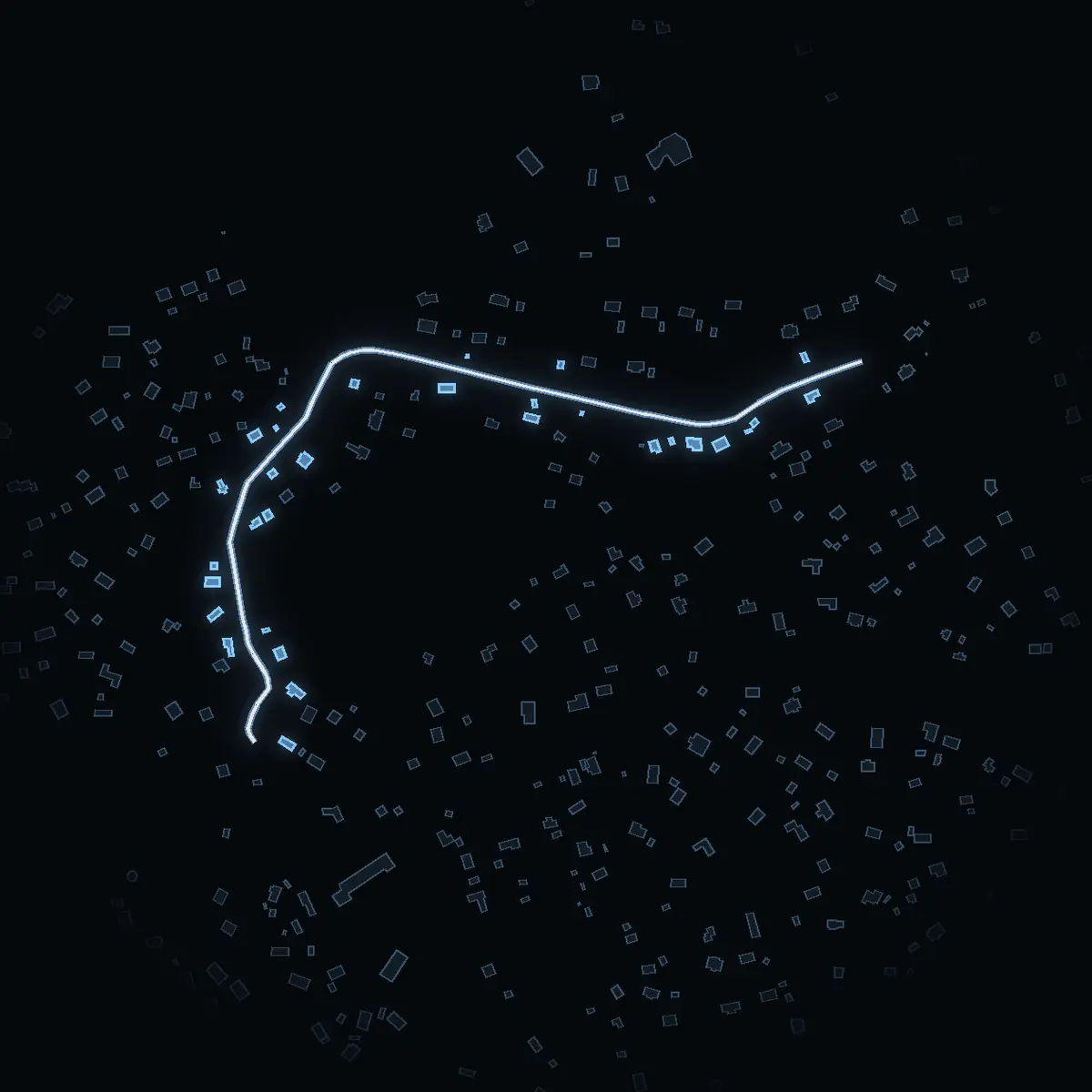 The street at night: Drottningvägen drawn in white, its buildings lit in the colour of their area’s income