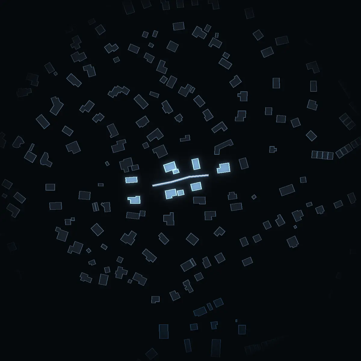 The street at night: Eddavägen drawn in white, its buildings lit in the colour of their area’s income