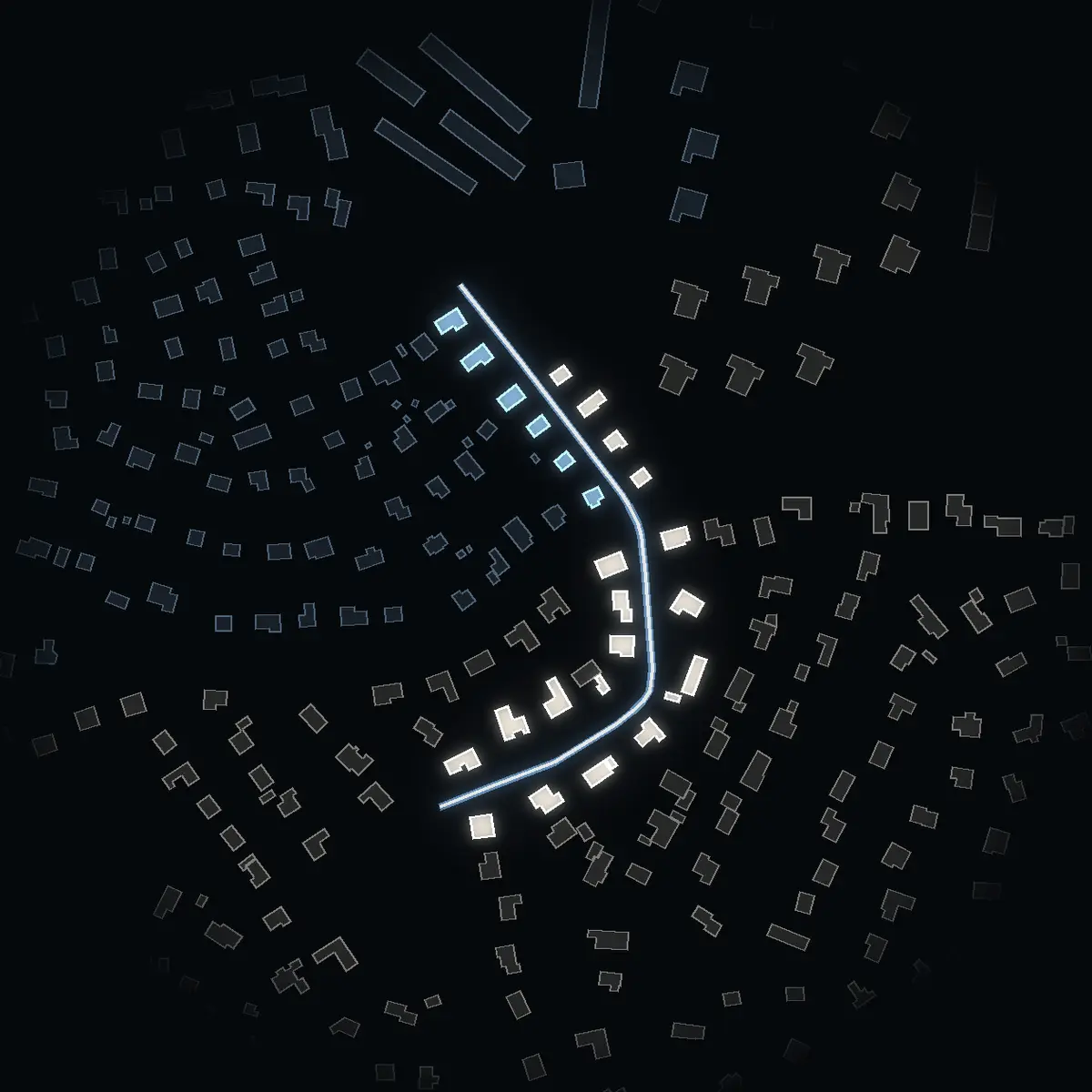 The street at night: Ejdervägen drawn in white, its buildings lit in the colour of their area’s income