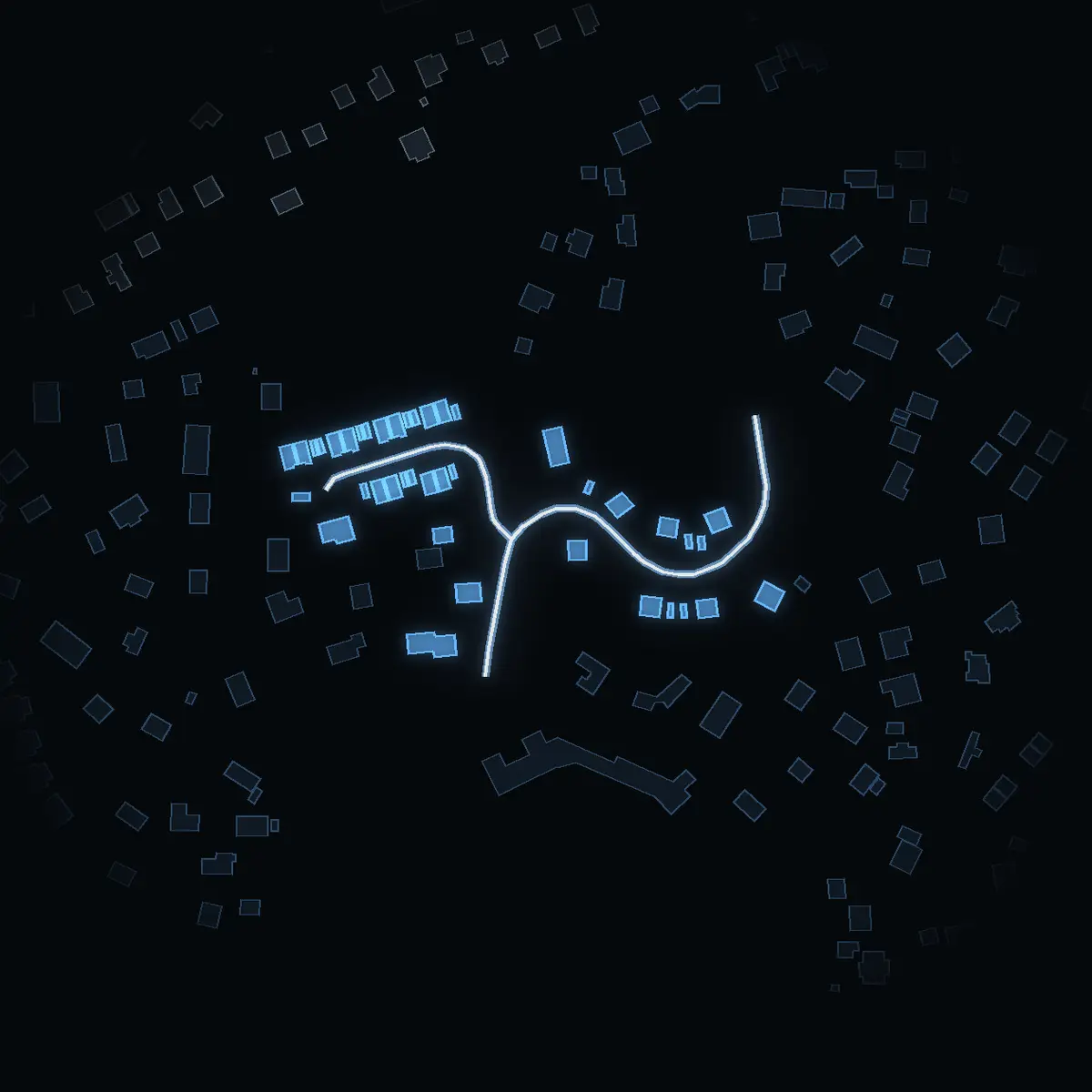 The street at night: Ekdungevägen drawn in white, its buildings lit in the colour of their area’s income