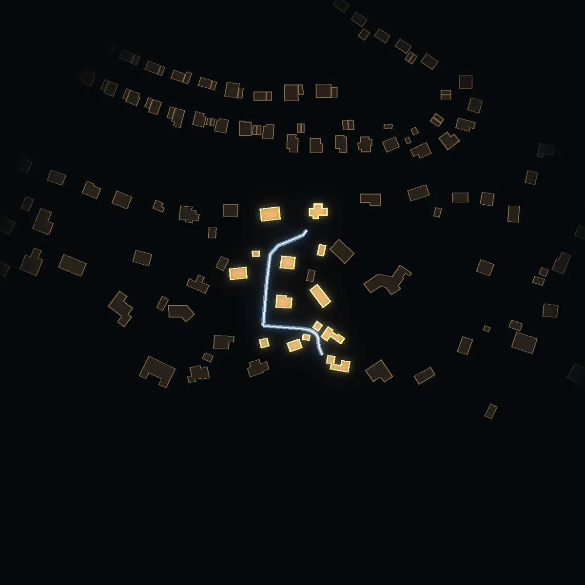 The street at night: Enbärsstigen drawn in white, its buildings lit in the colour of their area’s income