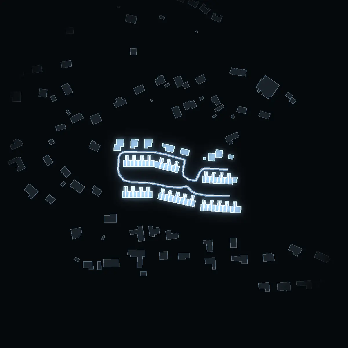 The street at night: Fannydalsplatån drawn in white, its buildings lit in the colour of their area’s income