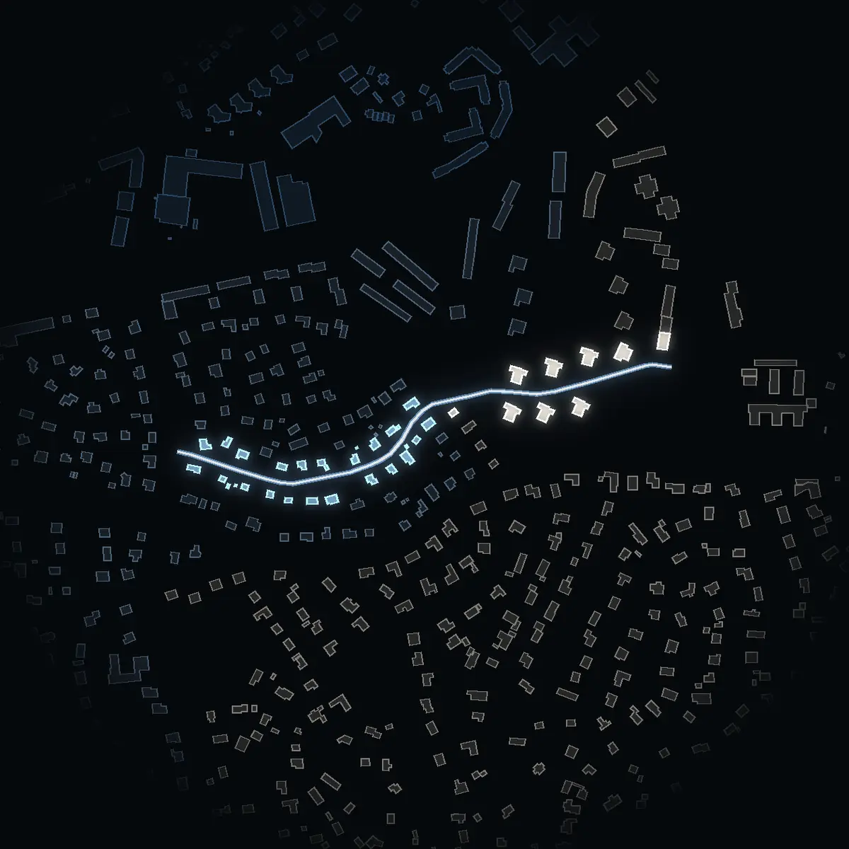 The street at night: Fasanvägen drawn in white, its buildings lit in the colour of their area’s income